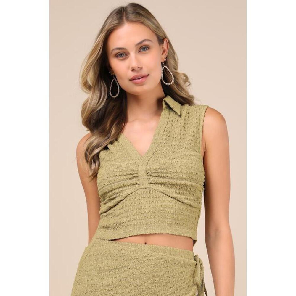 Lulus Luxe Cuteness Lime Green Textured Collared Crop Top - Size M